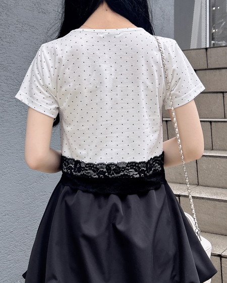 INGNI(イング) リボン付き裾レースTシャツ オフクロ/ドット