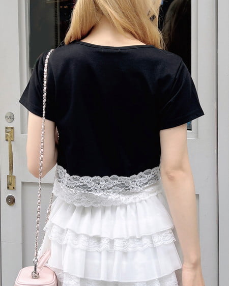 INGNI（イング） リボン付き裾レースTシャツ ｸﾛ