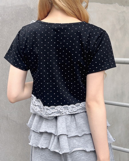 INGNI(イング) リボン付き裾レースTシャツ クロオフ/ドット