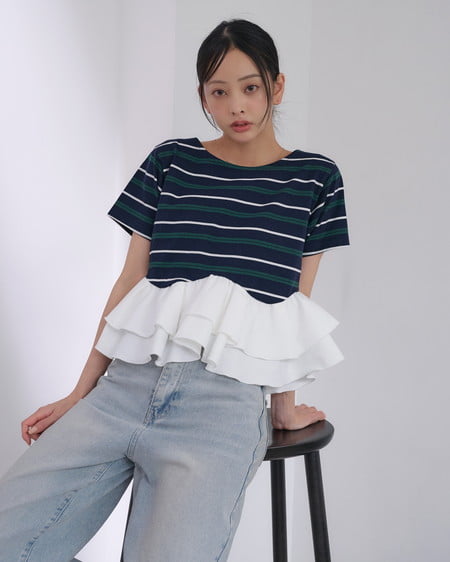 【SOELA】【7／20 24時までの限定価格】ペプラムマルチボーダーTシャツ