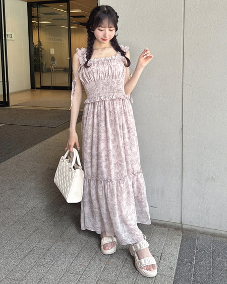 INGNI(イング) 花柄シャーリングティアードロングワンピース ピンク