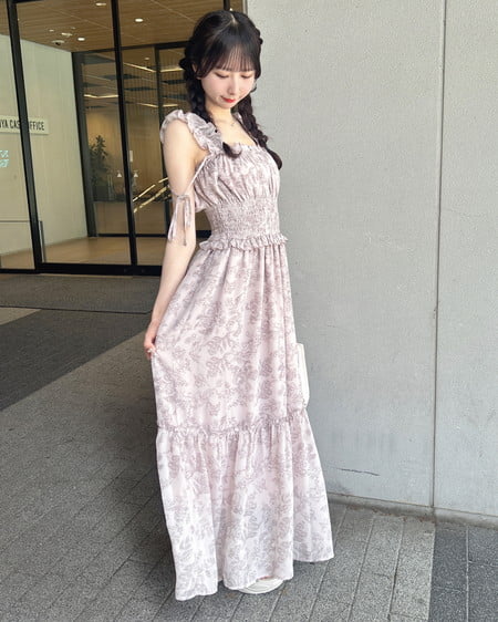 INGNI(イング) 花柄シャーリングティアードロングワンピース ピンク