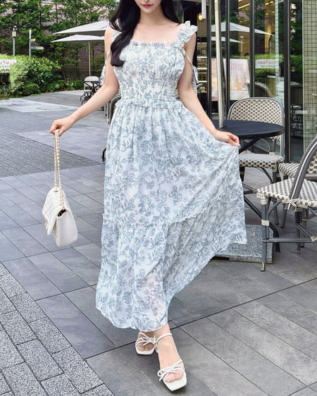 花柄シャーリングティアードロングワンピース