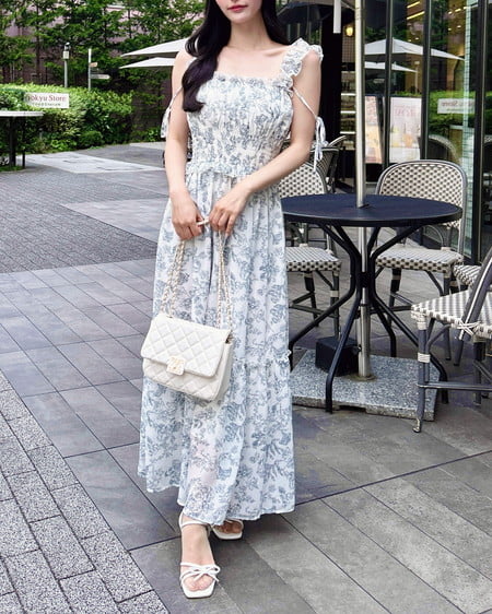 INGNI(イング) 花柄シャーリングティアードロングワンピース オフホワイト/コン