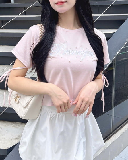 INGNI（イング） ビジュー飛ばし袖リボンレースロゴTシャツ ﾗｲﾄﾋﾟﾝｸ/ｵﾌﾎﾜｲﾄ