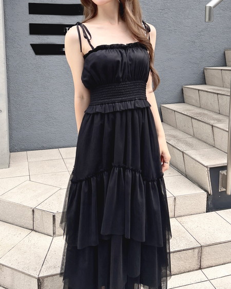 INGNI(イング) チュールイレヘムティアードロングワンピース クロ
