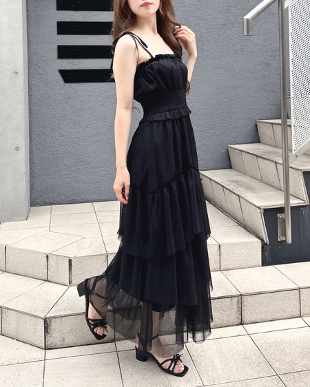 INGNI(イング) チュールイレヘムティアードロングワンピース クロ