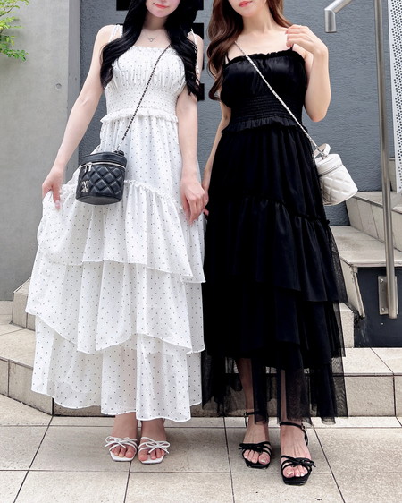 INGNI(イング) チュールイレヘムティアードロングワンピース クロ