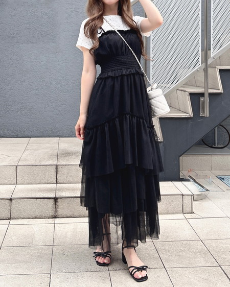 INGNI(イング) チュールイレヘムティアードロングワンピース クロ