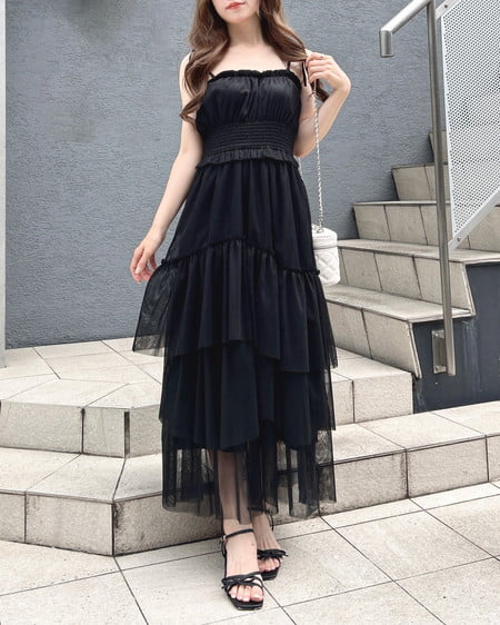 INGNI（イング） チュールイレヘムティアードロングワンピース ｸﾛ