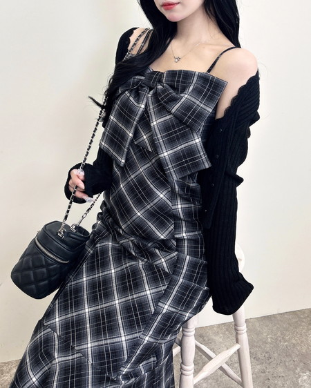 チェック柄リボンマーメイドキャミワンピース