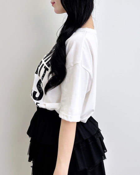 INGNI（イング） かすれロゴヘンリーネックチュニックTシャツ ｵﾌﾎﾜｲﾄ/ｸﾛ