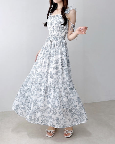 INGNI（イング） 花柄シャーリングティアードロングワンピース ｵﾌﾎﾜｲﾄ/ｺﾝ