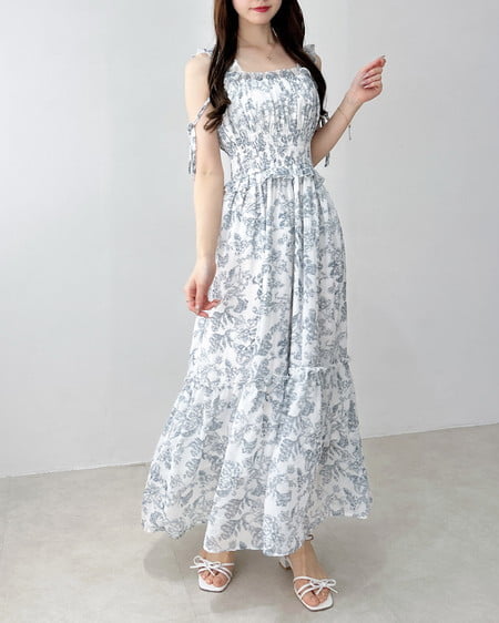 INGNI（イング） 花柄シャーリングティアードロングワンピース ｵﾌﾎﾜｲﾄ/ｺﾝ