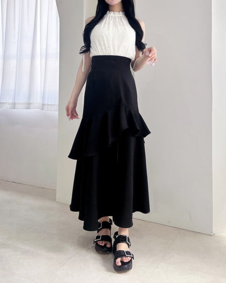 INGNI（イング） バックレースアップアシメティアードスカート ｸﾛ