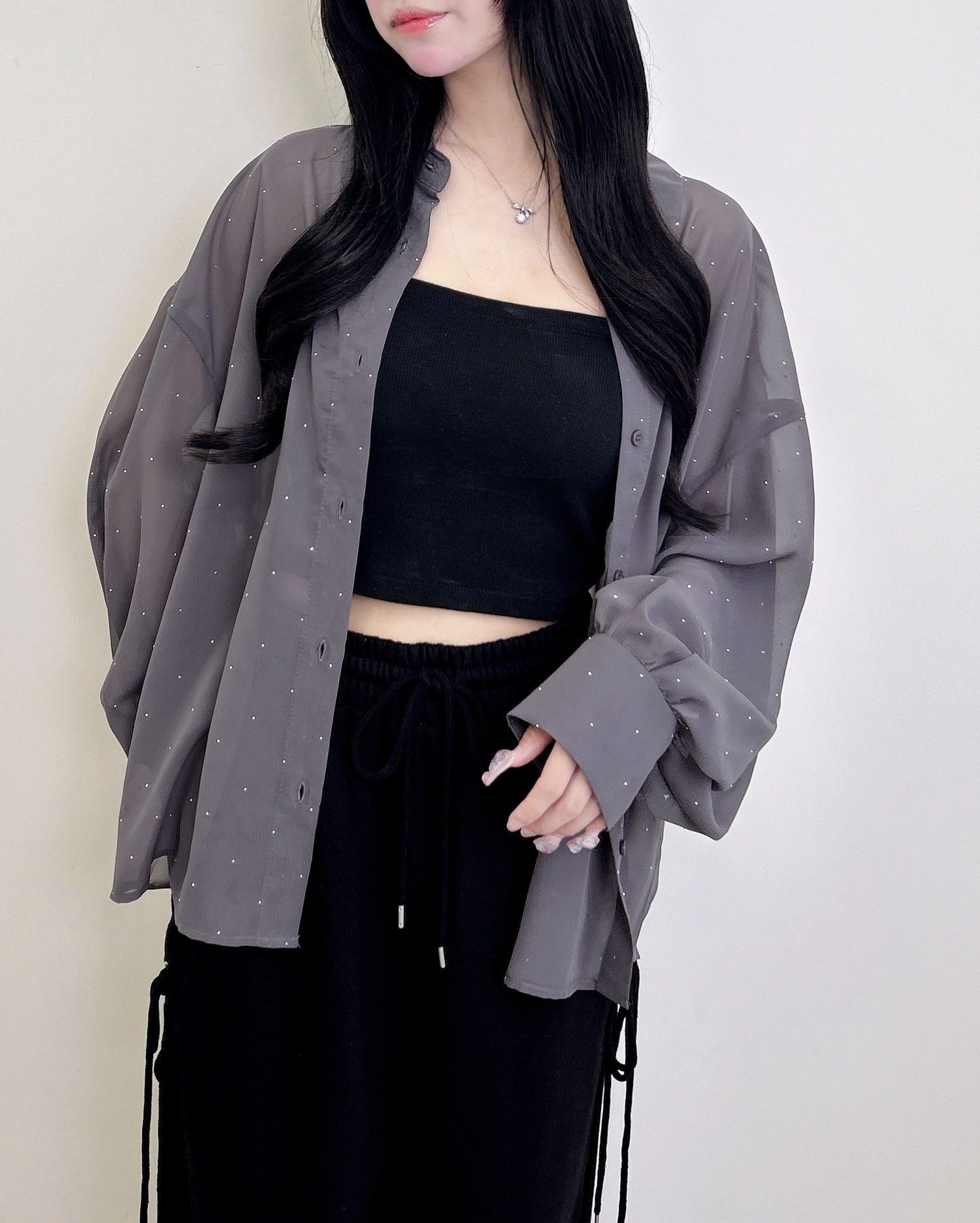 ラインストーン付シアーシャツ