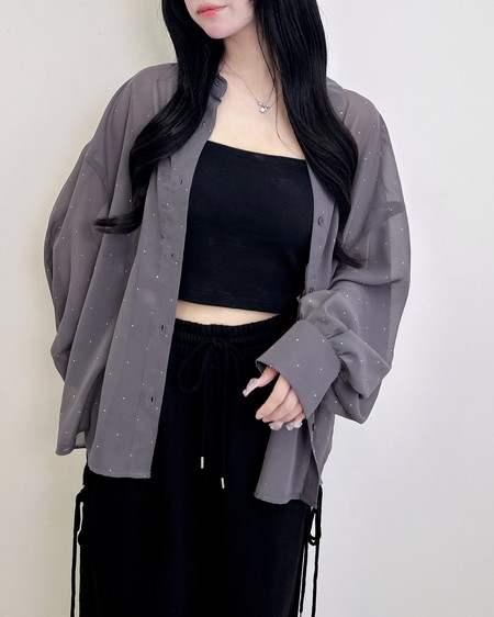 ラインストーン付シアーシャツ