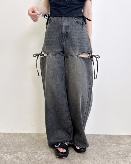 INGNI(イング) サイドスリットリボンデニムワイドパンツ グレー
