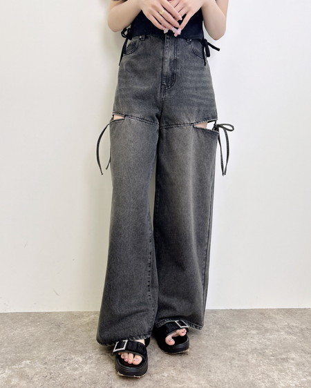 INGNI(イング) サイドスリットリボンデニムワイドパンツ グレー