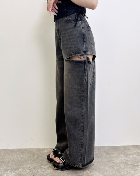 INGNI(イング) サイドスリットリボンデニムワイドパンツ グレー
