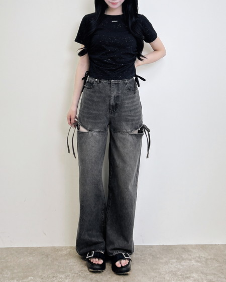 INGNI(イング) サイドスリットリボンデニムワイドパンツ グレー