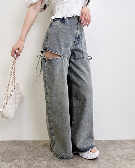 【WEB限定／S～Mサイズ】サイドスリットリボンデニムワイドパンツ