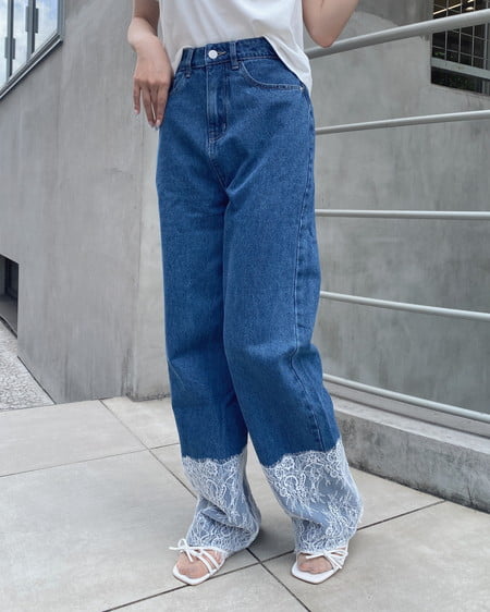 INGNI(イング) 裾レースデニムワイドパンツ ライトインディゴ