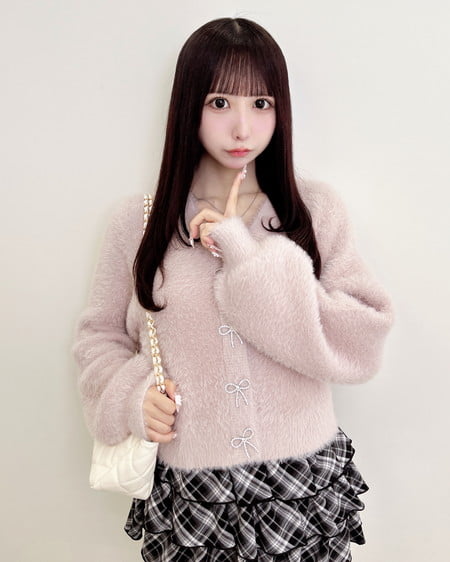 INGNI(イング) Vネックリボンボタンフェザーニットカーディガン ピンク