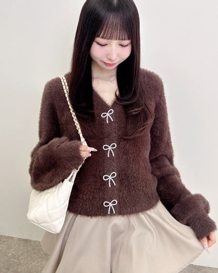 INGNI(イング) Vネックリボンボタンフェザーニットカーディガン ブラウン