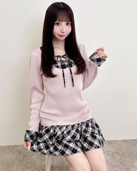 INGNI(イング) チェックシャツドッキング長袖ニットワンピース ピンクベージュ/チェック