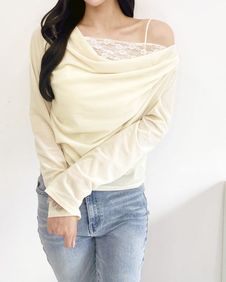 【SOELA】レースドッキングベロアロングTシャツ