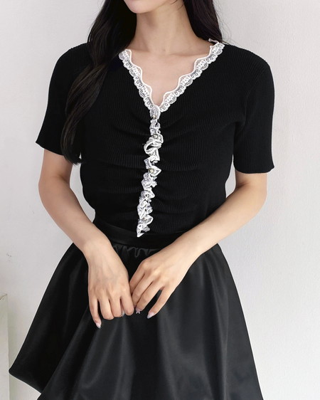 【SOELA】【INGNI STORE限定価格】レースドッキングギャザー半袖ニットカーディガン