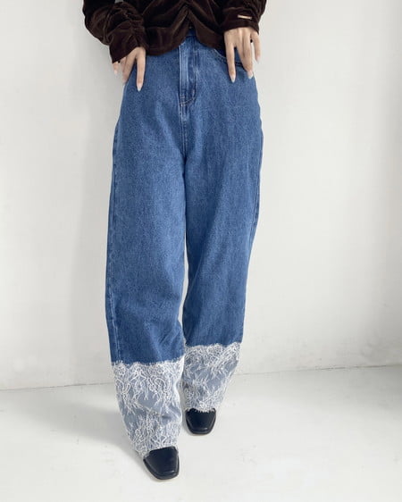 INGNI(イング) 裾レースデニムワイドパンツ ライトインディゴ