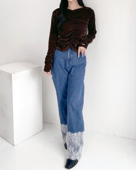 INGNI(イング) 裾レースデニムワイドパンツ ライトインディゴ
