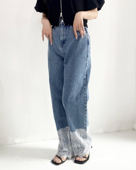 【SOELA】【S～Mサイズ】裾レースデニムワイドパンツ
