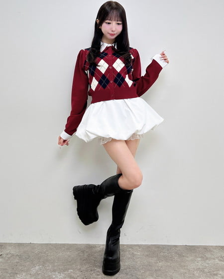 INGNI(イング) アーガイルシャツドッキングレイヤードニット ボルドー