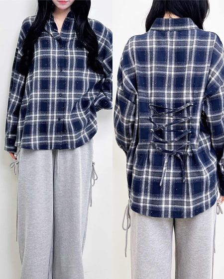 ラインストーン付バックレースアップチェック柄シャツ