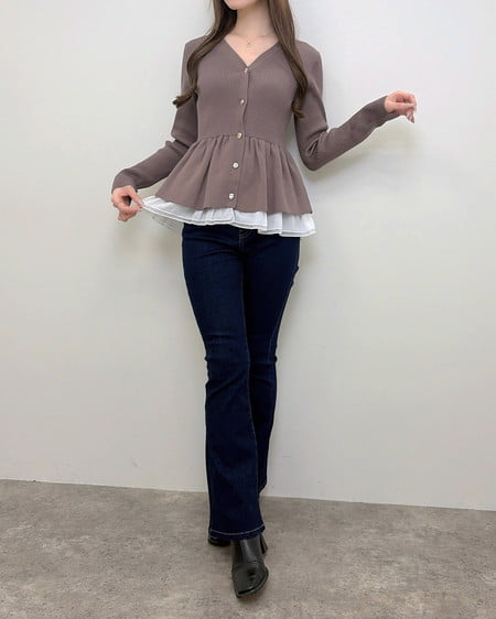 INGNI(イング) 裾シアーペプラム長袖ニットカーディガン グレージュ
