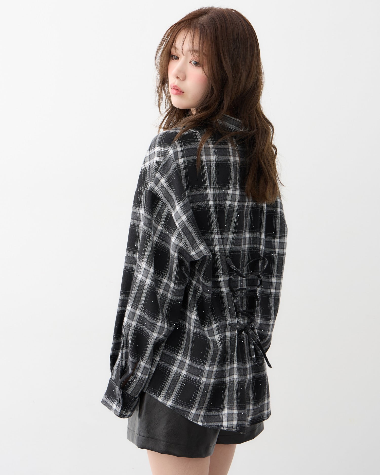 ラインストーン付バックレースアップチェック柄シャツ