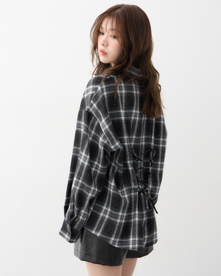 ラインストーン付バックレースアップチェック柄シャツ