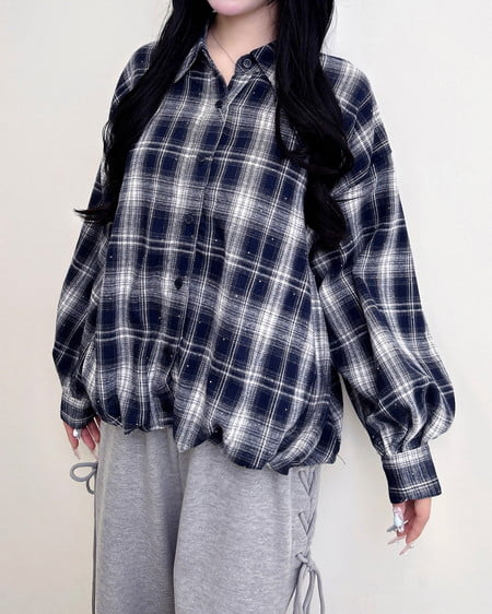 ラインストーン付裾タックチェック柄シャツ
