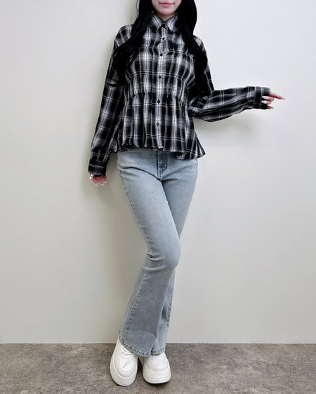 INGNI(イング) シャーリングチェック柄シャツ クロ/チェック