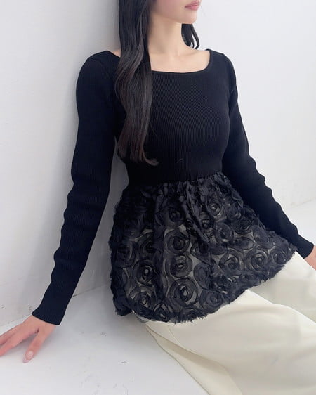 【SOELA】フラワーチュールペプラム長袖ニット
