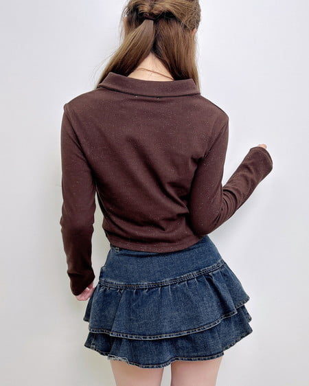 INGNI（イング） 襟付きジップラメリブ長袖トップス ﾌﾞﾗｳﾝ