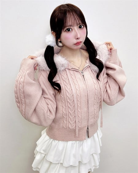 エコファー付もちもちケーブルニットパーカー