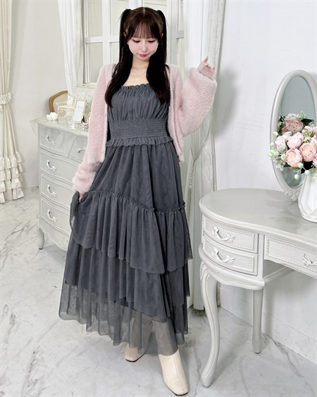 【WEB限定】【9／29 2時までの限定価格】チュールイレヘムティアードロングワンピース