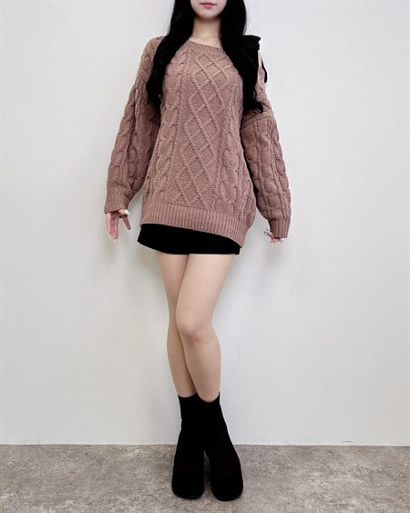 INGNI(イング) ワンショルリボンケーブルモールチュニックニット モカベージュ