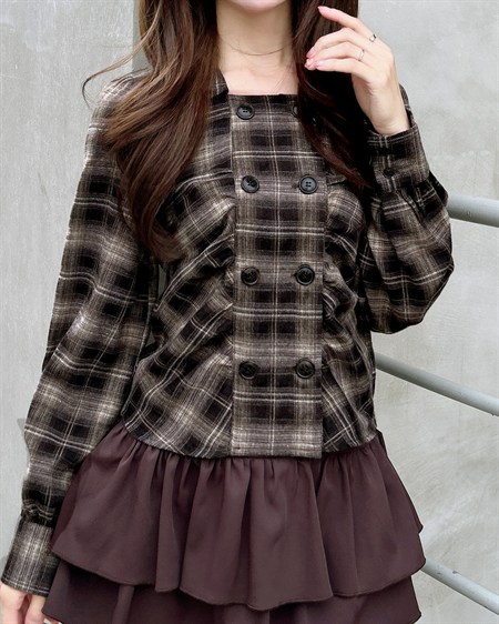 【10／14 2時までの限定価格】ダブルボタンチェック柄ギャザーブラウス