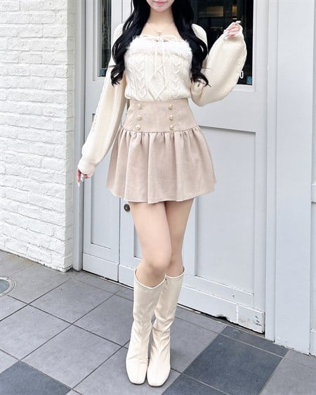 INGNI(イング) レイヤード風フェイクファー付ケーブルニットトップス アイボリー