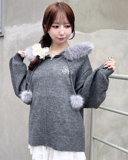 フェイクファー付チュニックニットパーカー